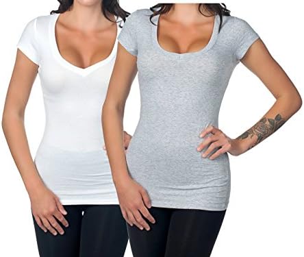 DIntimates Colorstory Women's Basic V-Neck Fitted T-Shirt 1001-2PK-WHTGRY-S