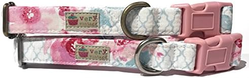Primrose Garden - Very Vintage Girly Vintage Inspired Light Pink Ice Frappe Coral Pink Floral Flowers Organic Cotton Pet Collar - Handmade in the USA (1" Large Dog)