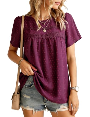 ROYLAMP Summer Boho Tops Crewneck Short Sleeve Shirts Casual Chiffon Blouses Flowy Lace Trim Swiss Dots Clothing Trendy 2026 Mulberry XL at Amazon