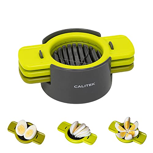 Calitek Egg Slicer with 3 Cutters Multipurpose 3 in 1 Multi Tool Cut Wedge Slice for Boiled Eggs Fruit Mushroom Tomatoes with Stainless Steel Blades and Non Slip Base Dishwasher Safe (Green)