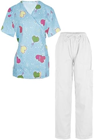 G Med Women's Mock Wrap Back Tie Printed Scrub Fashion Sets(SET-MED,WHTA3-L)
