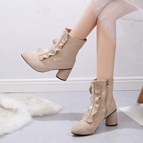Women Ankle Booties Wedges Shoes Ladies Vintage Buckle Fall Work Block High Heel Shoes Side Zipper Ankle Boots Beige