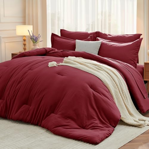 MUXHOMO 7 Piece Comforter Set Burgundy Red Queen