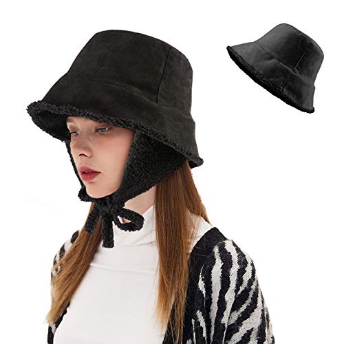 Doublelayered Women Winter Bucket Hat 2 in 1 Fleece Lining Fisherman