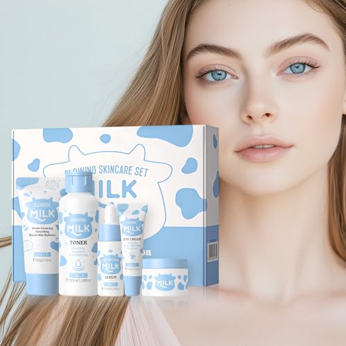 LAIKOU Milk Beauty Gift Sets for Teenage Girls with Cleanser, Cream, Toner, Eye Cream, Serum, Facial Kits for Women Wife Mom, Deep Hydrating Smoothing 5pcs