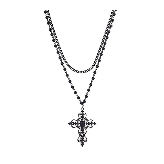 Lux-Accessories-Classic-80s-Gothic-Black-Rosary-Style-Cross-Pendant-Necklace