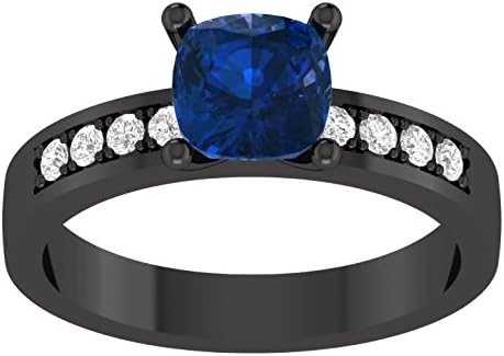 Smjewels 1.50 Ct Cushion Cut Blue Sapphire &amp; Diamonds Engagement Ring Black Rhodium Plated