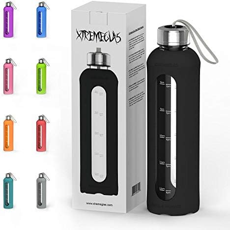 Xtremeglas 32 Oz Glass Water Bottle with Silicone Sleeve Leak Proof Lid 1L Time Marked Measurements BPA-Free for to-Go Travel at Home Reusable Eco Friendly Safe for Hot Liquids Tea Daily Intake