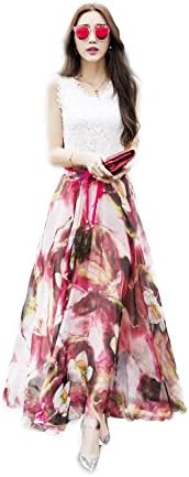 Kha Zix Womens Chiffon Print Skirt Ankle/Full/Maxi length Skirt Big Hem Skirt Swing Skirt Beach Skirt (M, FUSHIA MULTI)