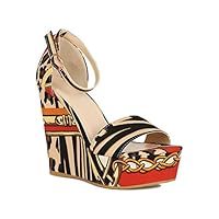 Alrisco Women Ankle Strap Printed Open Toe Platform Wedge Sandal RF71 - Leopard Multi Fabric (Size: 8.0)