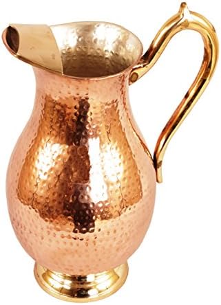 Indian Craft Villa Handmade Mughlai Copper &amp; Nickel Jug Pitcher Pot Volume 2.1 Liter For Storage Water Home Decorating Showcase For Good Health Benefits Yoga Ayurveda 10.8" X 6.0" (Inch)