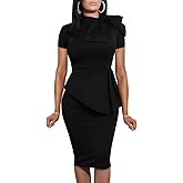 LAGSHIAN Women Fashion Peplum Bodycon Short Sleeve Bow Club Ruffle Pencil Party Dress