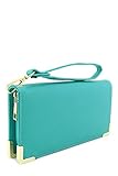 Faux Saffiano Leather Wallet Wristlet with Gold Hardware Edges