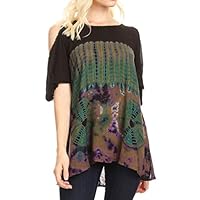 Sakkas 18789 - Luz Womens Cold Shoulder Bohemian Ethnic Style Blouse Top Tie Dye Flare - Olive - OSP