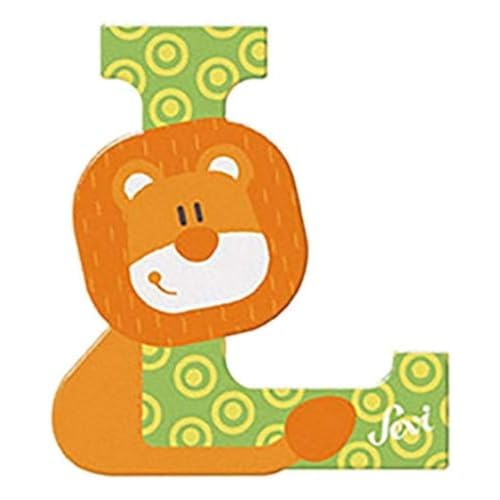 Sevi 83012 dierlijke houten letters L leeuw ca. 10 cm, deurletters voor kinderkamer, ABC educatief speelgoed van hout, pedagogisch speelgoed voor kinderen vanaf 3 jaar, letterdieren, oranje/groen/geel