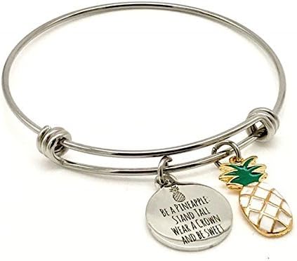 Be a Pineapple, Stand Tall Wear a Crown, White Tropical Inspirational Bangle Bracelet