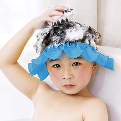 Baby Silicone Shower Cap with Bathing Brush Adjustable Infants Shampoo Caps Hat Safety Bath Visor Cap Soft Stretchy Protect Eyes Ears (Blue)