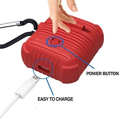 Rugged Airpods Protective Case Compatible for Apple, Airpods Accessories Silicone Shockproof Charging Case with Carabiner Keychain and Anti Lost Strap for Travel Storage - Red