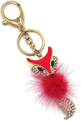 Fashion Faux Fur Fox Pom Pom Keychain Ball Crystal Rhinestone Bag Purse Keyring