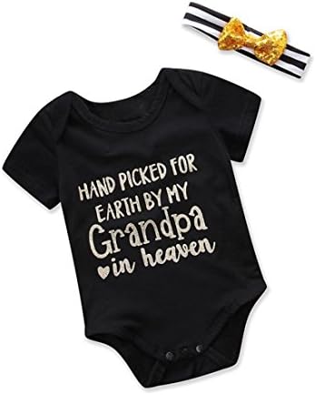 Shuwe Baby Boy Girls Short Sleeve Letters Print Romper+ Headband Outfits Clothes Set (Black B, 3M)