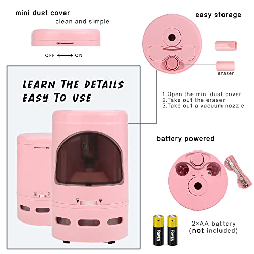 Pencil Sharpeners with Desk Vacuum, STFALI Electric Pencil Sharpener with Desk Vacuum Cleaner Mini (2 in 1), 6 7 8 9 10 Year Old Girl Gifts School Supplies for Kids Classroom Organization, Pink