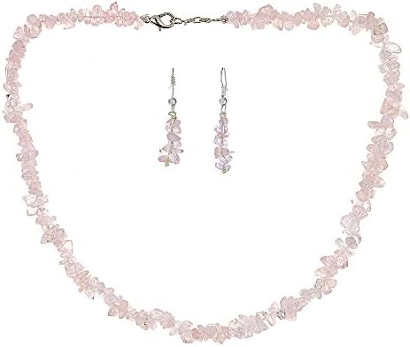 Diamond PrincessGenuine 6mm Uncut Chip Bead Real Rose Quartz Gemstone Necklace & Earrings Set In 925 Sterling Silver