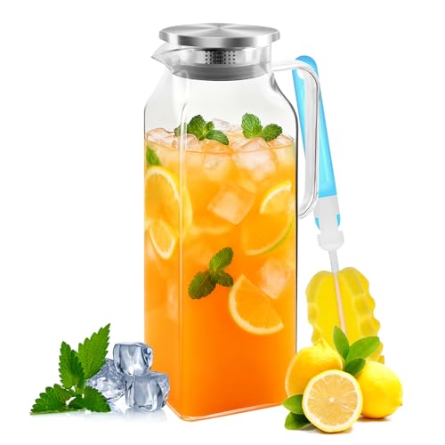 Litrue Glass Carafe 2 Litres, Water Carafe with Lid, Carafe Glass for Fridge Door, Water Jug Square for Cold Hot Water Iced Tea Wine Juice Tea Milk DIY Drinks (with Cup Brush)