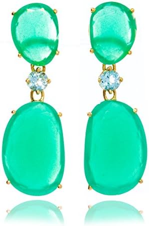 Solid Gold Drop Earrings of Vivid Green Chalcedony and a Brilliant Cut Aquamarine in 14K Yellow Gold