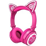 MindKoo Unicat MH-6 Kids Headphones,Cat Ear Bluetooth V4.2 Headsets On-Ear Earphones wtih Mic,(Patented Exclusive Design)with LED Flashing Glowing Cosplay Fancy Foldable Gaming Headsets - Hot Pink