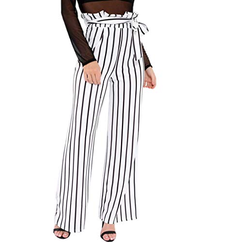 TOPUNDER Stripe Loose Stretch High Waist Pants for Women Wide Leg Long Trousers Broad