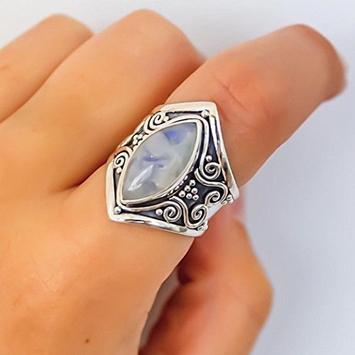 Hmlai Clearance Clearance! 1PC Women Boho Jewelry Silver Natural Gemstone Marquise Moonstone Personalized Ring Jewelry Gift (11, Sliver) - Thumbnail 2