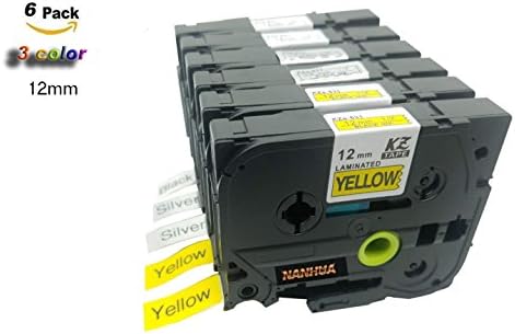 NANHUA Standard Laminated Tze Tz Labeling Tape 6 Pack (Black On White x 2/Black On SIilver x 2/Black On Yellow x 2) Tze-231 Tze-931 Tze-631 Tape Makers Combination 2/1" 12mm Brother P-Touch PT-D210,