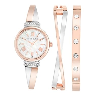 Anne Klein Women’s AK/2245RTST Swarovski Crystal Accented Rose Gold-Tone and Silver-Tone Bangle Watch and Bracelet Set