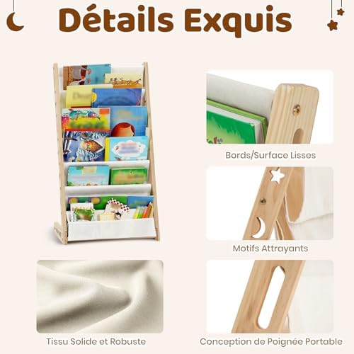 Bibliotheque Enfant en Bois Massif à 7 Niveaux - Etagere de Rangement pour Livres - Présentoir Livres Bebe avec Design Stable - Meuble Montessori pour Chambre d’Enfant (42.5 cm, Naturel)
