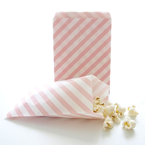 Pink Goodie Bags, Bulk Gift Bags, Baby Girl Birthday Party Favors, Striped Treat Bags, Pink Striped Bag (25 Pack)
