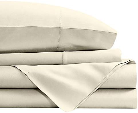 Bed Sheet Set Double, 100% Long Staple Cotton Double Bedding Set, Soft Sateen Bed Sheets Set - 1 Fitted Sheet, 1 Flat Sheet & 2 Pillowcases (100% Cotton Double, Ivory Solid)