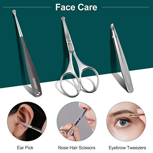 ikeepi Manicure Nail Clippers Pedicure Kit with Luxury Leather Case, Portable Stainless Steel Nail Cutter Fingernails & Toenails, Non-slip Grooming Kit for Hand Care, Facial Care, Foot Care, Set of 8