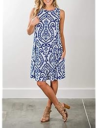 YIBOCK Vestido de verano para mujer, sin mangas, estampado de damasco, con bolsillos, estilo casual