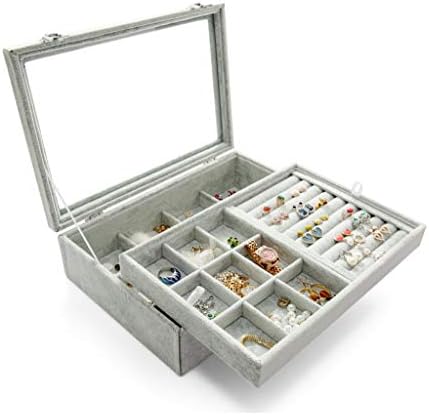 XFPINK Jewelry Box Portable Travel Small Glass Tray Display Double layer Clear Transparent Organiser Compact Size for Women Girls Gift Box