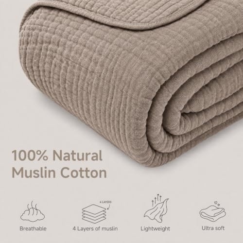 Simple&Opulence Cotton Muslin Throw Blanket for Bed Couch Sofa 4-Layer Gauze Blankets Reversible Soft Lightweight Breathable Home Décor for All-Season 50x60”, Coffee