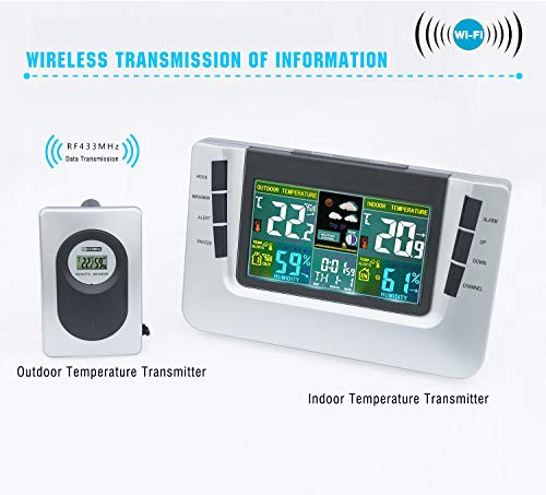 JIMEI Multi-Functional Digital Wireless Weather Station Forecaster with Alarm Clock Indoor and Outdoor Temperature Humidity Indicator Snooze LCD Color Display 116G