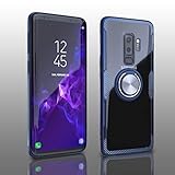 Samsung Galaxy S9 Plus Case | Transparent Crystal Clear Cover | Carbon Fiber Trim & Rubber Bumper | 360° Rotating Magnetic Finger Ring | Kickstand | Compatible with Samsung Galaxy S9 Plus - Blue