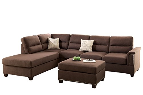 Poundex F7613 Bobkona Toffy Linen-Like Left or Right Hand Chaise Sectional with Ottoman Set, Chocolate