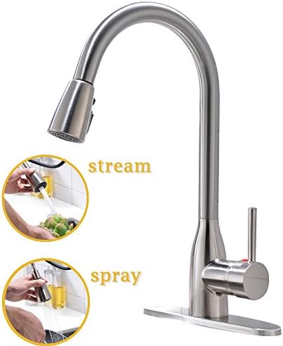 Modern Commercial High Arch Lead Free Stainless Steel Brushed Nickel Single Handle Pull Out Sprayer Kitchen Sink Faucet, Pull down kitchen faucet with Deck Plate.