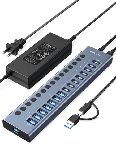 Hub USB 3.2 alimenté, ACASIS USB Hub 10Gbps 16 ports (8 ports USB-A 3.2 + 8 ports USB-C 3.2) en Aluminium, Multi Hub USB avec adaptateur d'alimentation 96 W, Hub USB Alimenté pour PC/Macbook/Clé USB