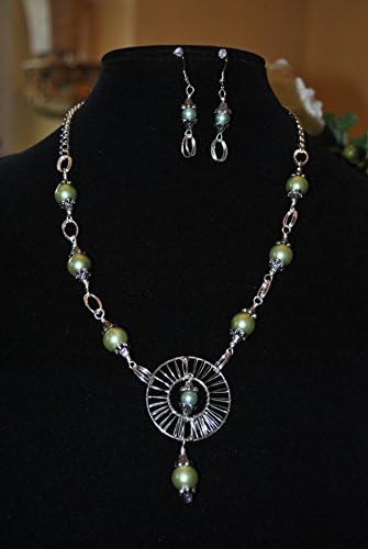 Beautiful Silver Chain with Green Pearls and matching earrings. Length 22 inches Earrings 1 inch