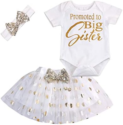 INHoney | Baby Toddler Girl Promoted to Big Sister Shirt Letter Romper Bodysuit Onesie + Polka Tulle Skirt + Sequin Headband