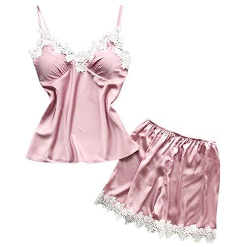 Womens Sexy Lingerie Satin Pajamas Cami Shorts Set Nightwear with Lace Trim Pink
