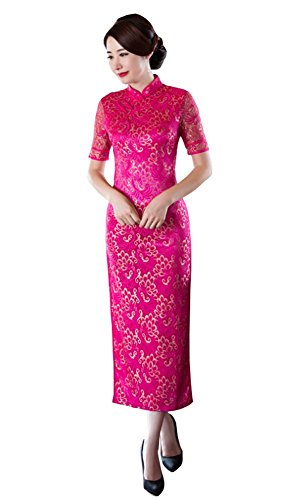 Angcoco Women's Short Sleeve Lace Maxi Cheongsam Dress China Qipao