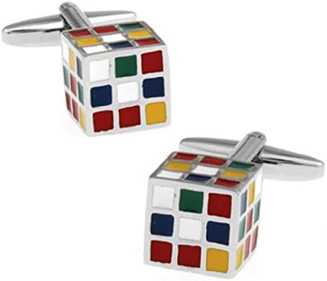 Aves Designs Men's Silver Tone 3D Colorful Rubix Cube Custom Cuff Links Set Comes Gift Packaged